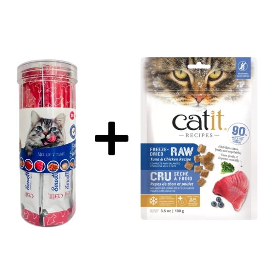 Catit Freeze-Dried Raw Tuna & Chicken Food 100g + Smooth & Savoury 25 Treats Combo