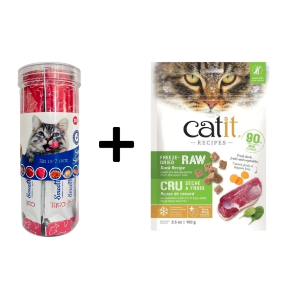 Catit Freeze-Dried Raw Duck Food 100g + Smooth & Savoury 25 Treats Combo
