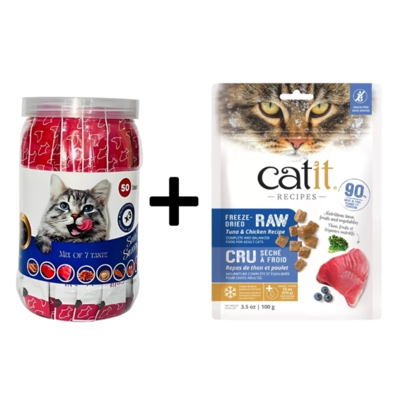 Catit Freeze-Dried Raw Tuna & Chicken Food 100g + Smooth & Savoury 50 Tubes Pack Combo