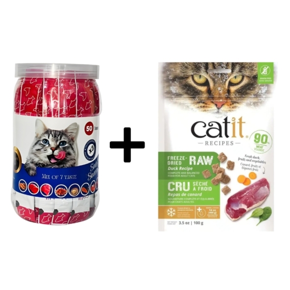 Catit Freeze-Dried Raw Duck Food 100g + Smooth & Savoury 50 treat Value Pack Combo
