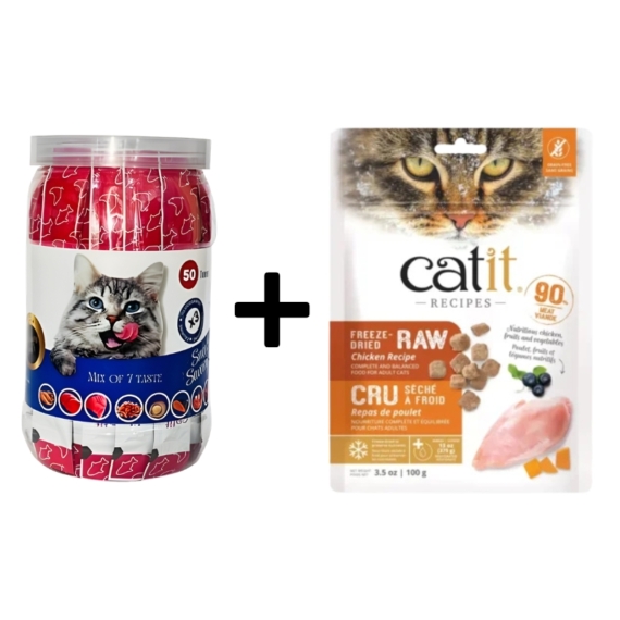 Catit Freeze-Dried Raw Chicken Food 100g + Smooth & Savoury 50 Treats Value Pack Combo