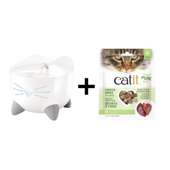 Catit Pixi Drinking Fountain White with FREE Duck Liver & Chicken Liver Cat Treats