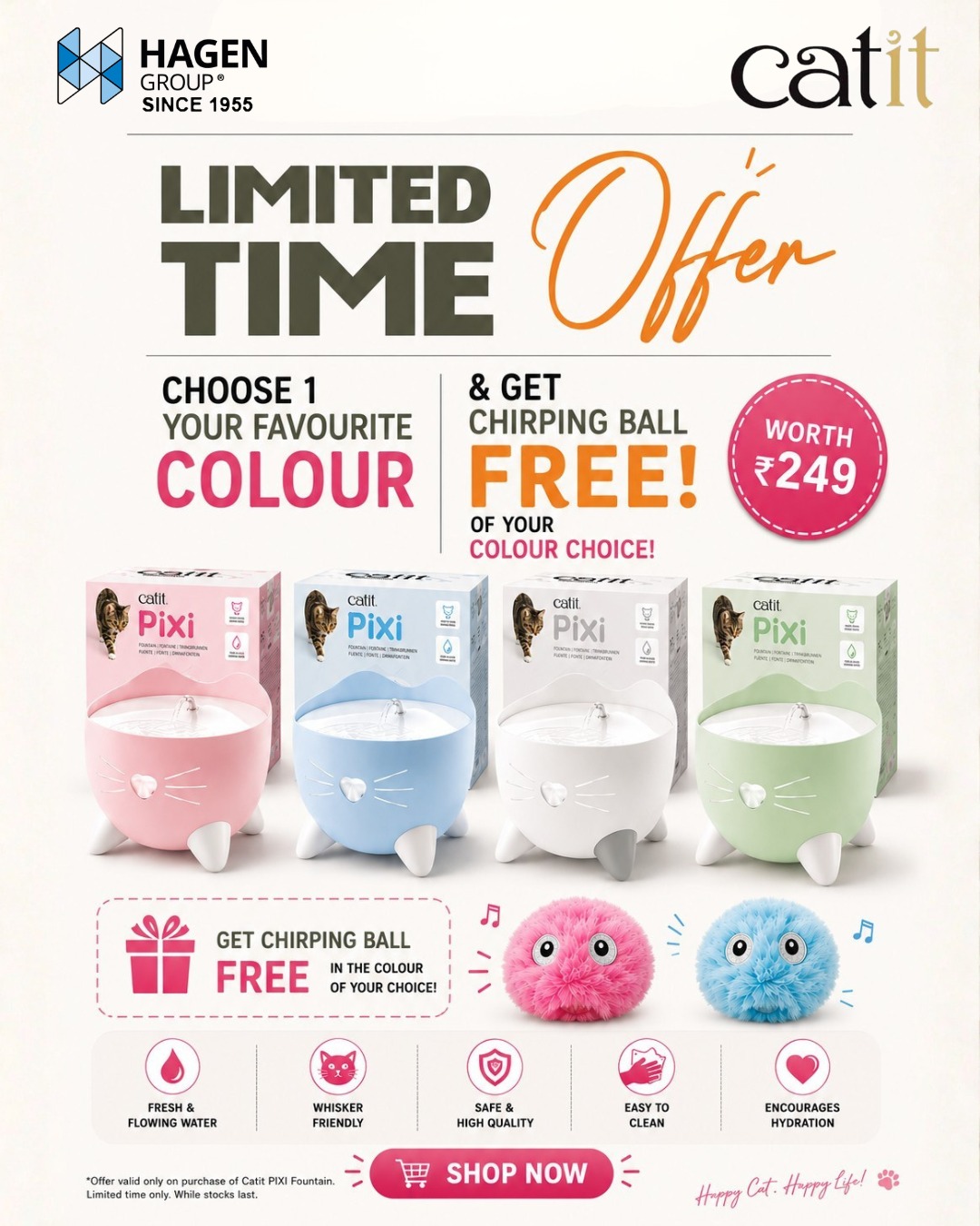 Buy Any Catit PIXI Fountain in Your Favourite Colour & Get 1 FREE Chirping Ball in Your Colour Choice - Image 2