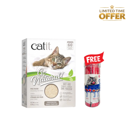 Catit Go Natural Pea Husk Cat Litter Unscented 5.6 kg + FREE Smooth & Savoury Jar